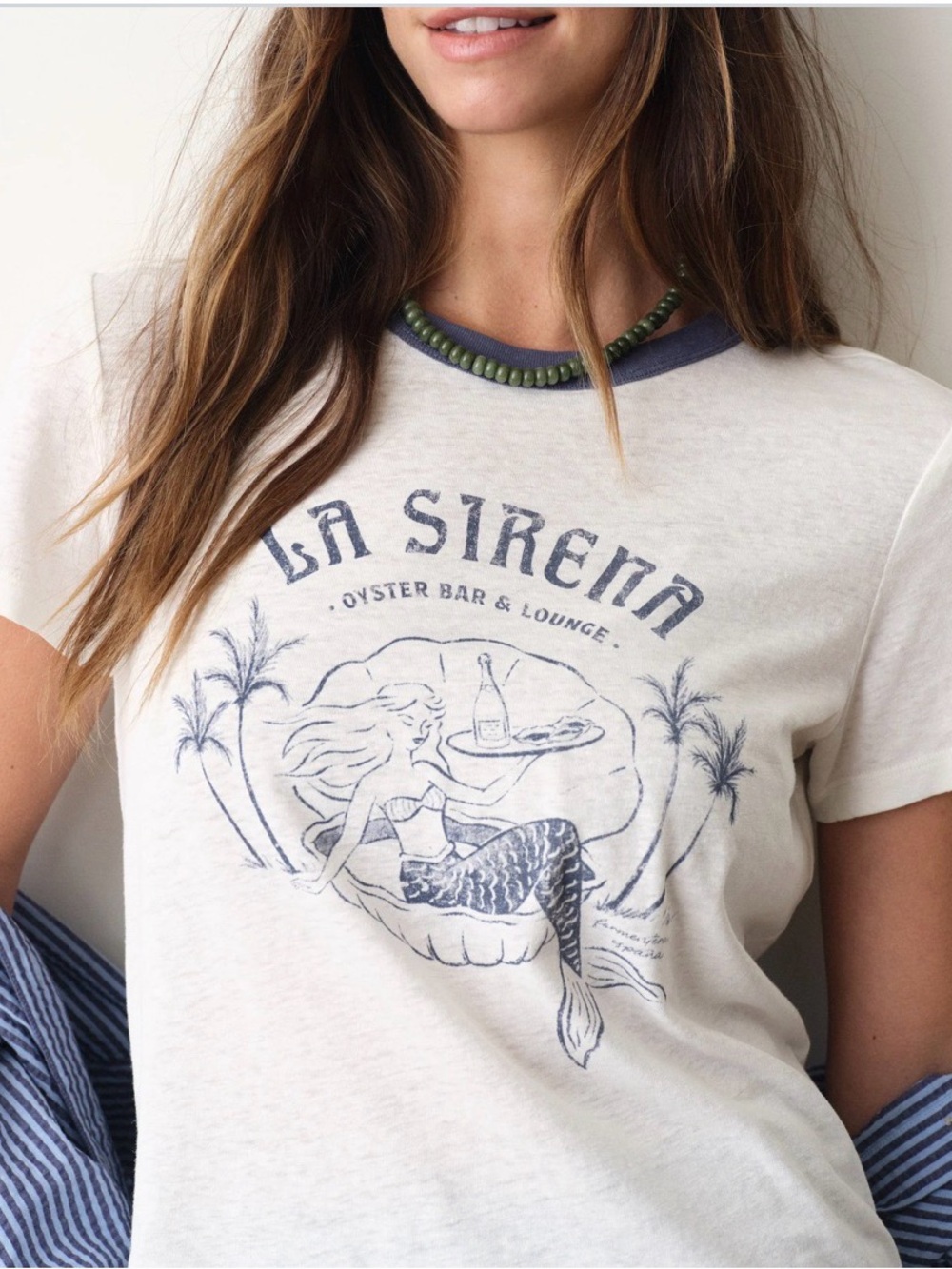 Marine Layer La Sirena Graphic Ringer Tee - Cream with Blue Print